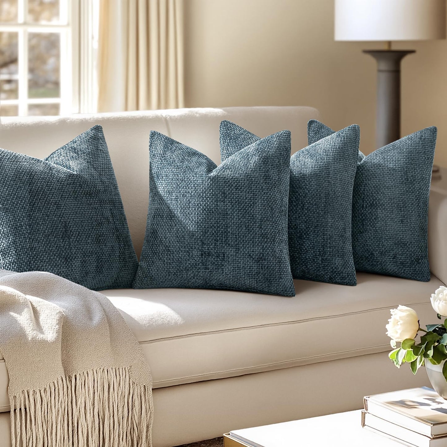 MIULEE Pack of 4 Couch Throw Pillow Covers 20x20 Inch Navy Blue Soft Decorative Chenille Pillow Covers Farmhouse Accent Cushion Covers for Boho Home Decor Sofa Bedroom Living Room