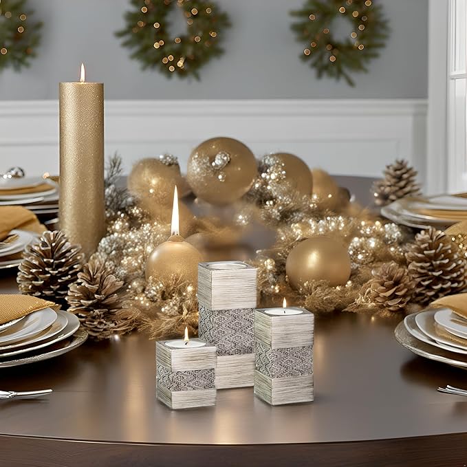 Creative Scents Dublin Silver Tealight Candle Holder Set of 3 - Centerpiece for Living Room and Dining Room Table Decor, Coffee Table Decor, Ideal for Fireplace, Entrance or Bathroom