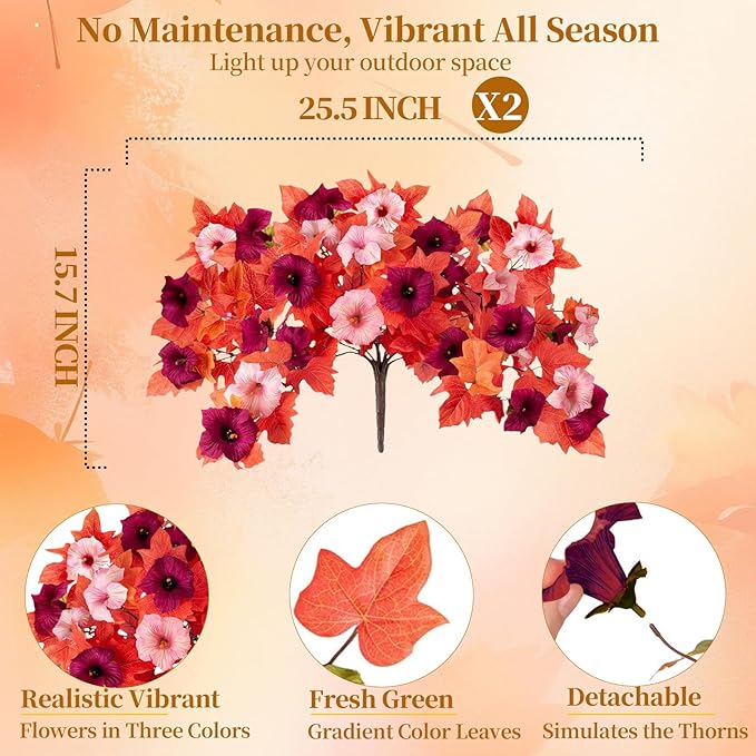 Artificial Fall Fake Flowers Plants for Outdoor Decoration,2 Pcs No Fade Faux Petunias,UV Resistant Realistic Autumn Silk Flowers,for Home Garden Balcony Yard Porch Deco (Dark Red)