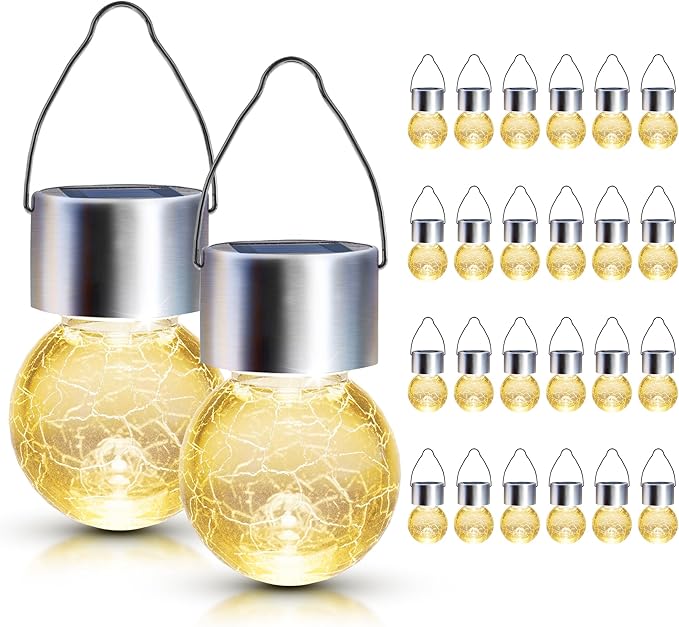 GIGALUMI 24 Pack Solar Outdoor Lights - Hanging Lights for Christmas Decoration - Cracked Glass, Waterproof for Garden, Yard, Fence, Tree (Warm White)