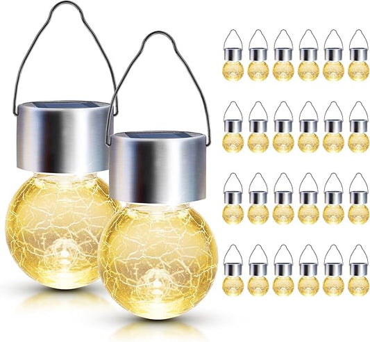 GIGALUMI 24 Pack Solar Outdoor Lights - Hanging Lights for Christmas Decoration - Cracked Glass, Waterproof for Garden, Yard, Fence, Tree (Warm White)