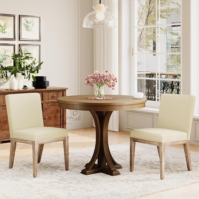 Wooden Dining Chairs Set of 2, Modern Fabric Upholstered Dining Room Chair, Kitchen Side Chairs, Farmhouse Dinner Chair with High Back for Kitchen, Beige