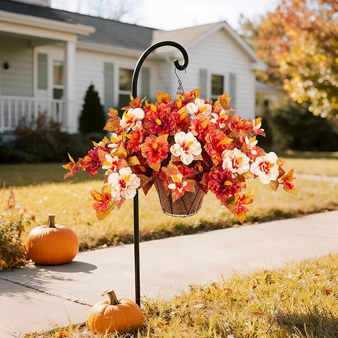 Artificial Fake Fall Hanging Flowers with Basket for Outdoors Decoration 3PCS Faux Fall Flowers for Outdoor Planters UV Resistant No Fade Silk Hibiscus for Home Porch Patio Garden Balcony Yard Decor