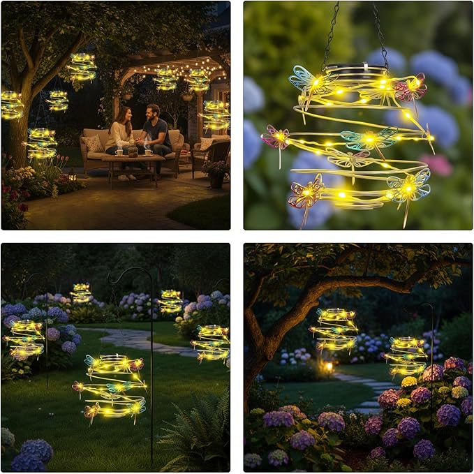 2 Pack Solar Outdoor Lantern Hanging Lights - 30LED Waterproof Solar Dragonfly Light Outdoor,Hanging Decor for Garden,Yard,Porch Patio,Lawn Backyard Landscape Pathway Outside,Gifts for Women