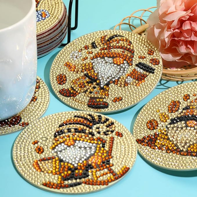 8 PCS Coffee Gnome Diamond Art Coasters Kits, Diamond Painting Coasters with Holder Set of 8, DIY Drink Coasters Art Crafts Supplies for Adults Cup Mat for Home Decor House Warming Gifts 3.9inch