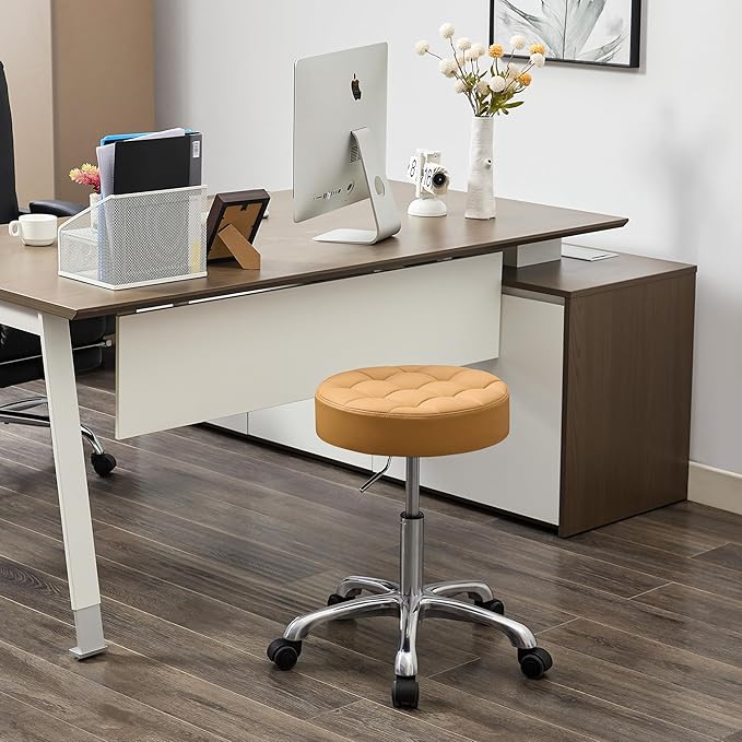 Drafting Stools with Wheels (Adjustable Height 20-27 inch) (300lbs Capacity) Round Vanity Stool (Camel Brown)