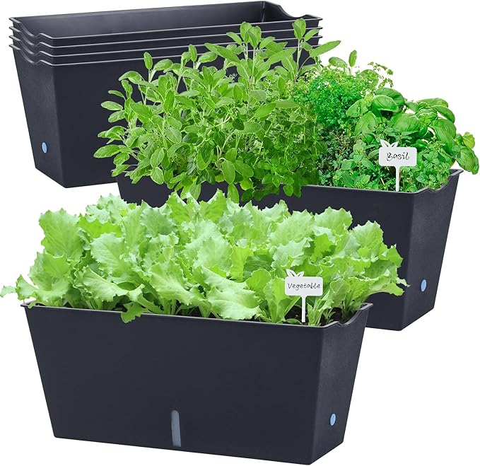 Window Box Planter 6 Pcs, 16.5 Inches Self Watering Rectangle Flower Plant Pots with Drainage Holes Trays, Vegetable Planters for Windowsill Patio Garden Balcony Porch Yard (Black)