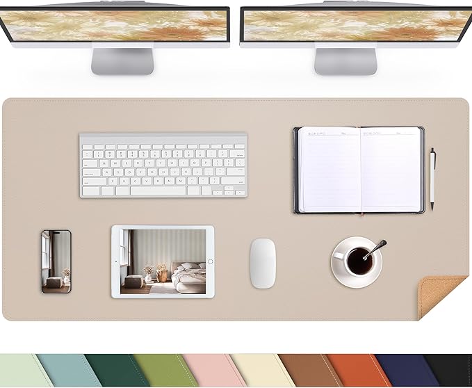 AFIING Leather Desk pad Protector, Large Non-Slip Office Desk Mat with Natural Cork & PU Leather, Waterproof Writing Mouse Pad for Office and Home (55in*17in,Beige)