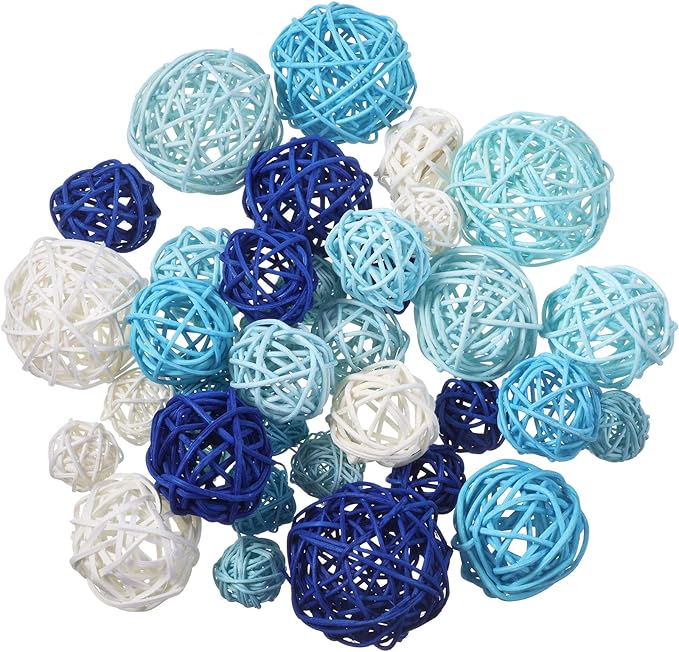 Patelai 36 Pcs Wicker Rattan Balls Decorative Balls for Vase Centerpiece Bowls Orbs Filler for Home Decor,4 Sizes(White, Blue Series)
