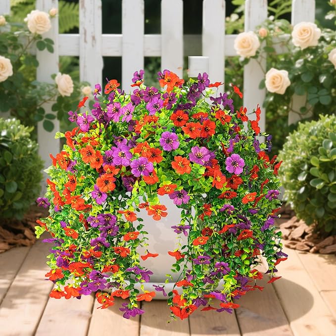 Artificial Flowers for Outdoors Decoration, 2 Pcs Outdoor Faux Plants Daisy with Eucalyptus Leaves Summer UV Resistant Fake Flowers Hanging Planters for Front Porch Patio Yard Door Garden Home Decor