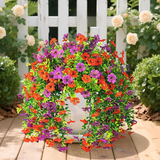 Artificial Flowers for Outdoors Decoration, 2 Pcs Outdoor Faux Plants Daisy with Eucalyptus Leaves Summer UV Resistant Fake Flowers Hanging Planters for Front Porch Patio Yard Door Garden Home Decor