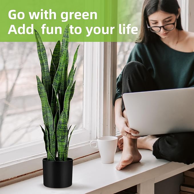KOL 3ft 2-Pack Artificial Snake Plant - 32 Thick Lifelike Leaves, Faux Silk Sansevieria for Indoor Home & Garden Decor, 35in Potted Fake Mother-in-Law's Tongue Plants, Green
