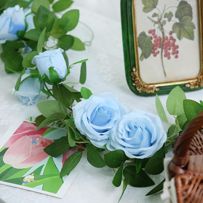 Felice Arts 2 Pack Light Blue Artificial Floral Garland Each 6.5FT Fake Rose Vine Hanging Rose Garland for Wedding Flowers Table Centerpiece Arrangement Room Baby Shower Teepee Mirror Decor