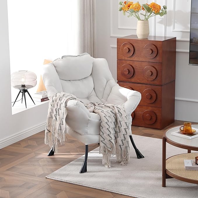 Welnow Lazy Chair for Living Room, Modern Reading Lounge Accent Chair with Armrests and a Side Pocket, Leisure Upholstered Lazy Sofa for Small Space, Bedroom, Dorm, Beige