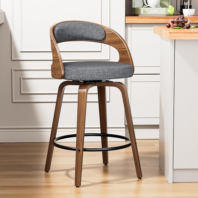 Swivel Bar Stools, 26" Upholstered Linen Fabric Barstools with Bentwood Legs, Mid Century Modern Counter Height Bar Stools with Back for Kitchen Island, Dining Room, Grey