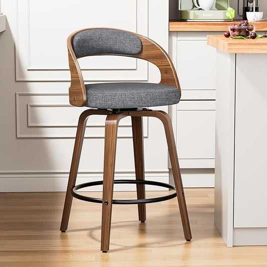 Swivel Bar Stools, 26" Upholstered Linen Fabric Barstools with Bentwood Legs, Mid Century Modern Counter Height Bar Stools with Back for Kitchen Island, Dining Room, Grey