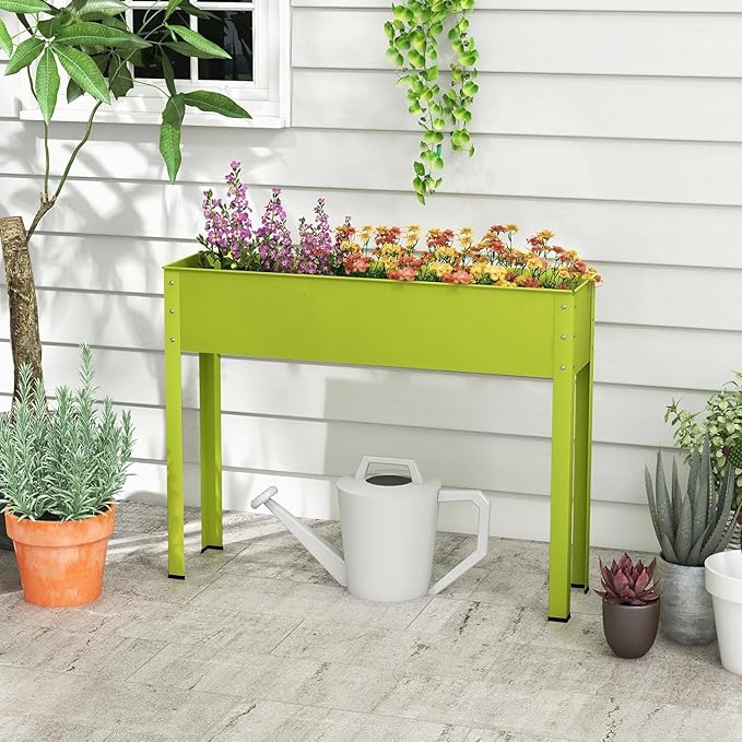 HAPPYGRILL Raised Garden Bed, 31.5” Elevated Planter Box w/Legs, Drainage Hole, Hemming Design, Metal Garden Box for Vegetable Herb, Outdoor Raised Beds for Gardening, Backyard Porch Balcony, Green