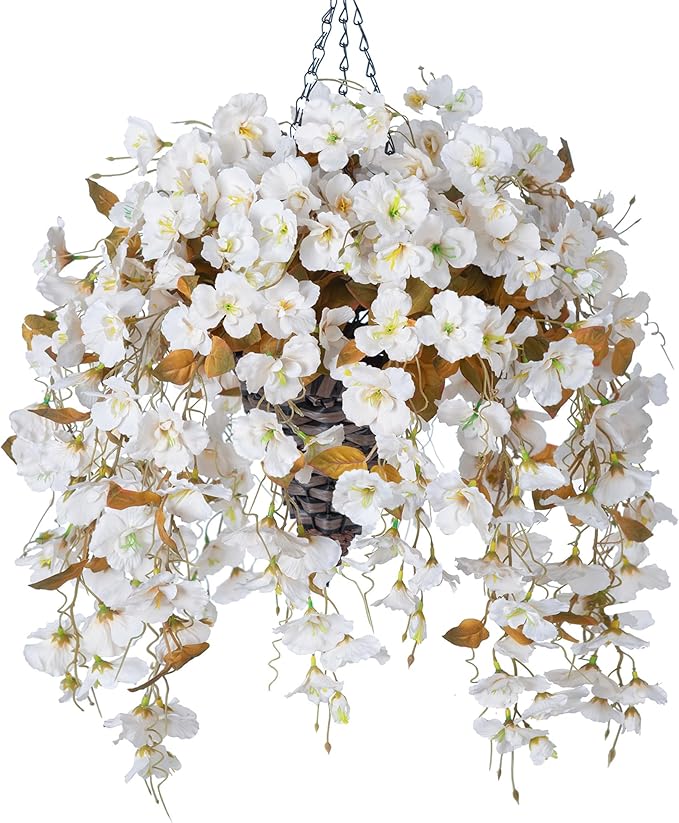 Artificial Fake Fall Hanging Flowers Plants Baskets for Outdoor Decoration, 5Pcs Faux Silk Hibiscus Long Vines in Planter UV Resistant Realistic Flower for Outside Home Porch Patio Garden, Fall White