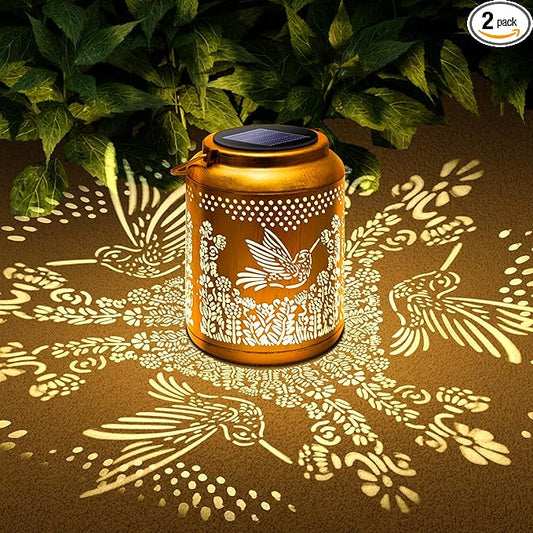 Hyrion 2Pack Hummingbird Solar Lanterns Outdoor Waterproof Metal Hanging Lights, Garden Decor Gifts for Women, Mom, Grandma Solar Decorations for Yard, Patio, Backyard, Porch, Lawn, Tabletop