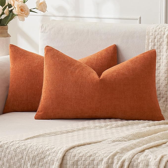 MIULEE Burnt Orange Couch Pillow Covers 12x20 Inch, Set of 2 Soft Chenille Fall Decorative Square Throw Pillow Covers Farmhouse for Sofa Living Room Bed