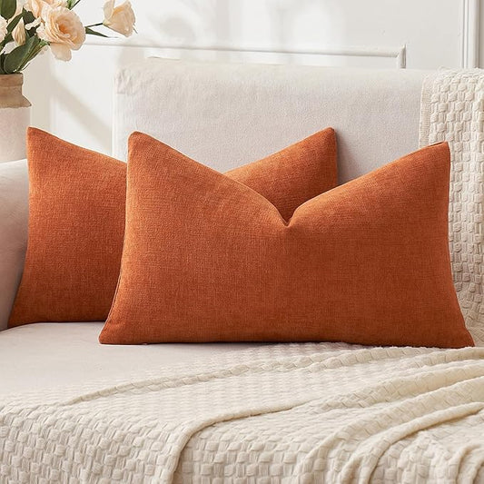 MIULEE Burnt Orange Couch Pillow Covers 12x20 Inch, Set of 2 Soft Chenille Fall Decorative Square Throw Pillow Covers Farmhouse for Sofa Living Room Bed