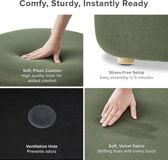 mopio Luna Round Ottoman with Storage and Tray, Round Coffee Table with Storage, Upholstered Foot Stools Ottoman for Living Room, Bedroom, with Solid Rubberwood Legs (Olive Green Premium Velvet)