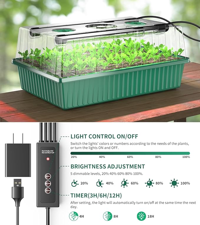 Seed Starter Tray, 120-Cells Seed Starter Kit with Grow Light, 2 Pack Reusable Seeding Starter Trays with Air Vent Humidity Domes for Greenhouse Gardening Indoor Planting Growing (Green Base)