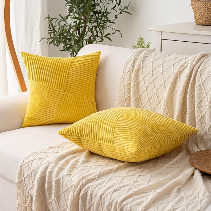 Decorative Throw Pillow Covers 16x16 Inch Set of 2 for Boho Living Room Farmhouse Home Decor, Spring Pillow Covers for Couch Bed, Soft Corduroy Striped Patchwork Cushion Cases, Yellow