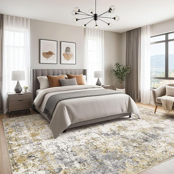 Area Rugs for Living Room: 8X10 Large Soft Washable Rug Modern Abstract Non-Slip Backing Stain Resistant Carpet for Bedroom Dining Room or Home Office Home Decor -Gray Gold