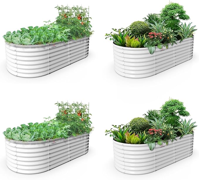 A ANLEOLIFE 4-Pack 6X3X2ft & 8X4X2ft Deep Root Galvanized Raised Garden Beds Outdoor for Planting Vegetables Flowers Herb, Antique White