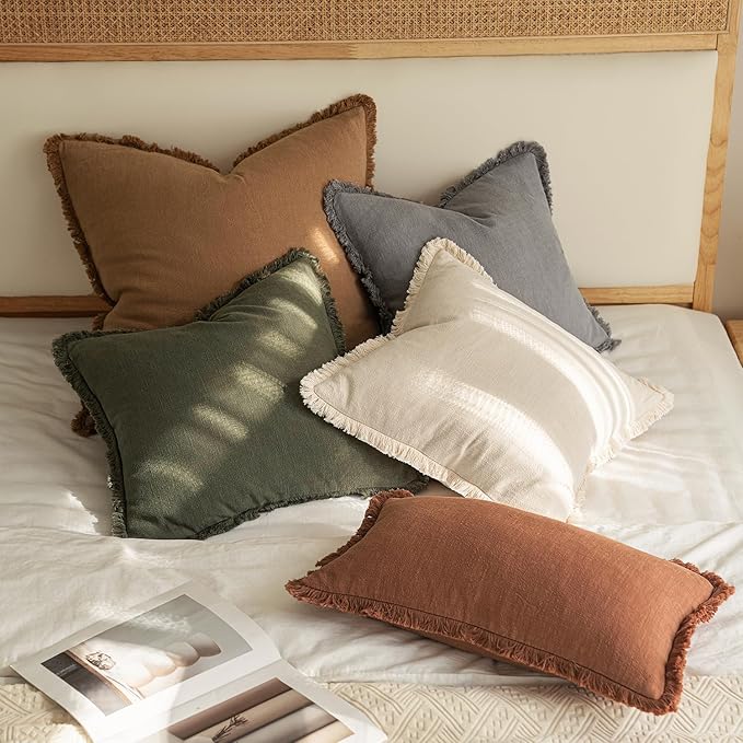MIULEE Decorative Lumbar Throw Pillow Covers Neutral Linen Fringe Throw Pillows Set of 2 Olive Green Boho Farmhouse Cushion Covers for Couch Sofa Bed Living Room Spring Home Decor 12x20 Inch