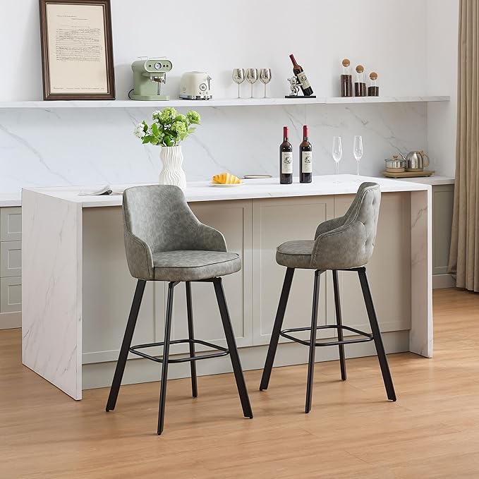 Bar Stools Set of 2, 30" Swivel Bar Height Bar stools with High Back, Faux Leather Kitchen Barstools Bar Height for Kitchen Island (Light Grey, 2PCS 30" Bar Stools)