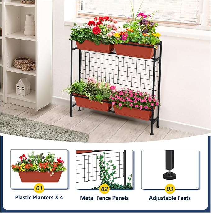 Raised Garden Beds Outdoor Elevated Planter Boxes with Trellis Herb Garden Planter Outdoor Raised Flower Boxes with Legs for Vegetable Patio Balcony Porch, Brick Red