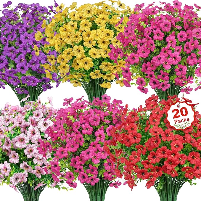 20 Bundles Artificial Flowers for Outdoors Decoration Fake Silk Flowers UV Resistant Faux Plants Artificial Daisy Eucalyptus for Spring Summer Garden Yard Porch Window Home Decor, Mix Colors