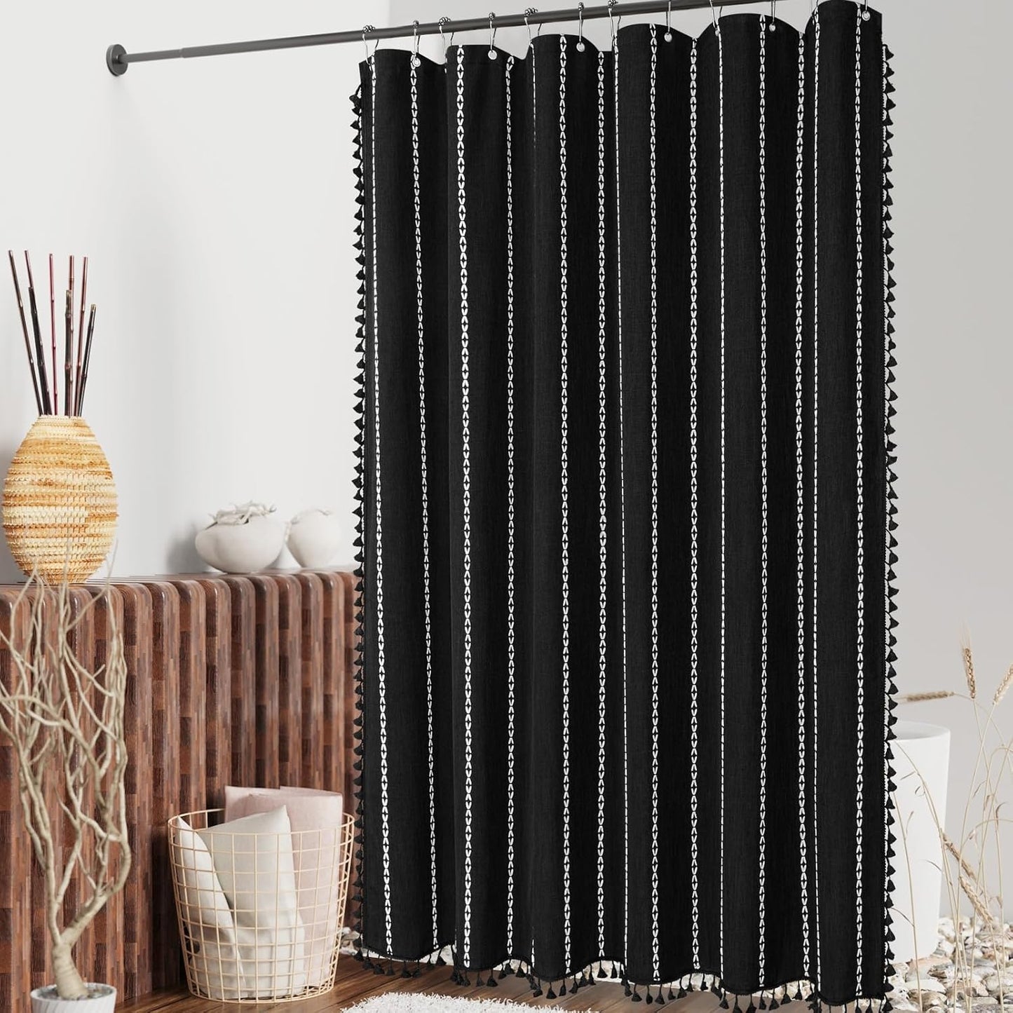 MitoVilla Boho Long Shower Curtain 72 x 78, Black Farmhouse 78 inch Long Polyester Linen Fabric Shower Curtains with Tassel for Chic Cottagecore French Rustic Bathroom Decor