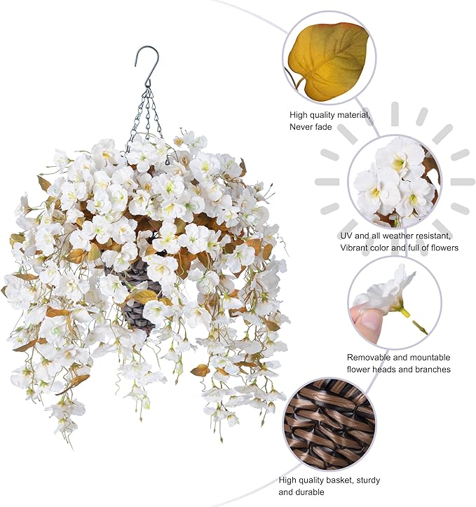 Artificial Fake Fall Hanging Flowers Plants Baskets for Outdoor Decoration, 5Pcs Faux Silk Hibiscus Long Vines in Planter UV Resistant Realistic Flower for Outside Home Porch Patio Garden, Fall White