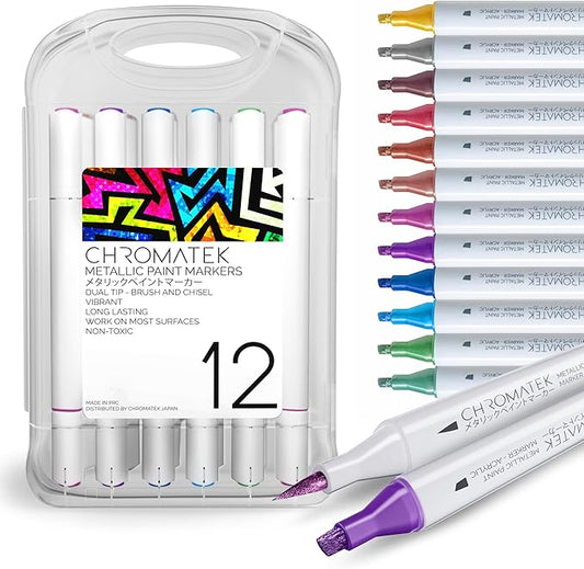CHROMATEK Dual Tip Metallic Paint Markers - 12 Colors Brush & Chisel Tip Paint Pens for Black Paper, Rock Painting, Scrapbooking, Card Making, Photo Album, Glass, DIY Crafts Art Supplies, Waterproof