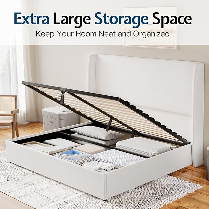 Jocisland Queen Size Bed Frame Lift Up Storage Bed Linen Upholstered Bed Frame with Hydraulic Storage/Wingback Headboard/No Box Spring Needed/White