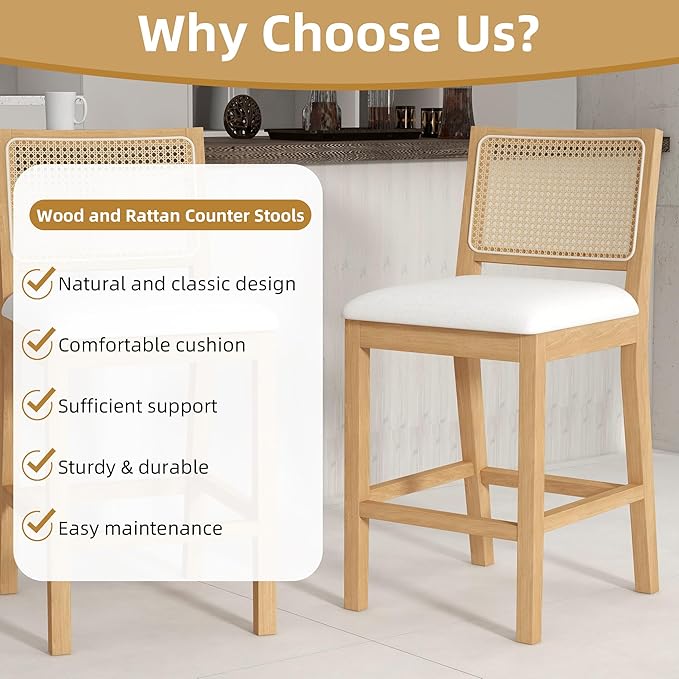 Westice Rattan Bar Stools Set of 6, 26" Farmhouse Counter Height Stools with Natural Rattan Back and Wood Frame, Upholstered Line Fabric Seat Cushion, Wooden Stools for Kitchen Island/Pub, Natural