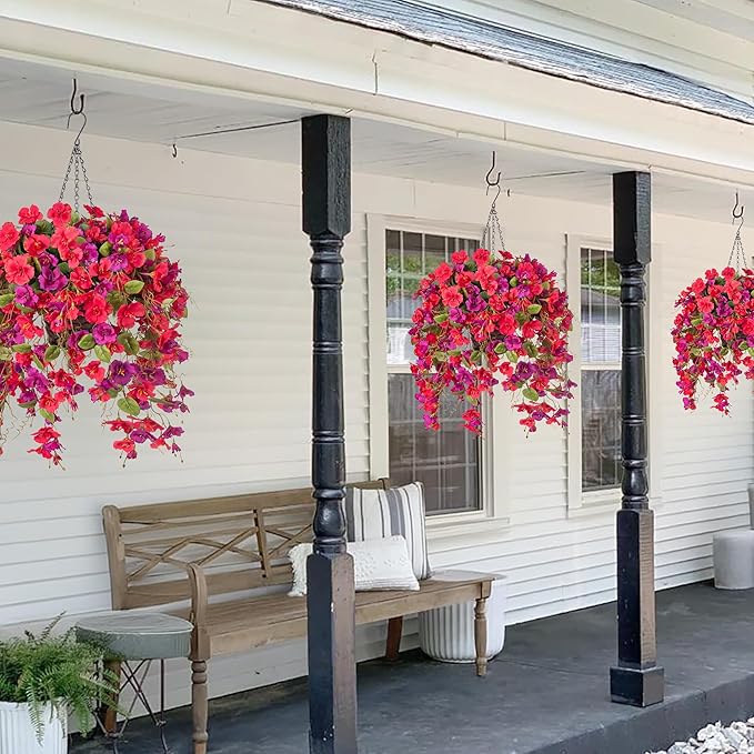 Artificial Fake Hibiscus Hanging Flowers Baskets for Outdoor Decoration, Faux Plants Silk Hibiscus Long Vines in Planter UV Resistant Realistic Flowers for Outside Porch Patio Home Decor, RedPurple