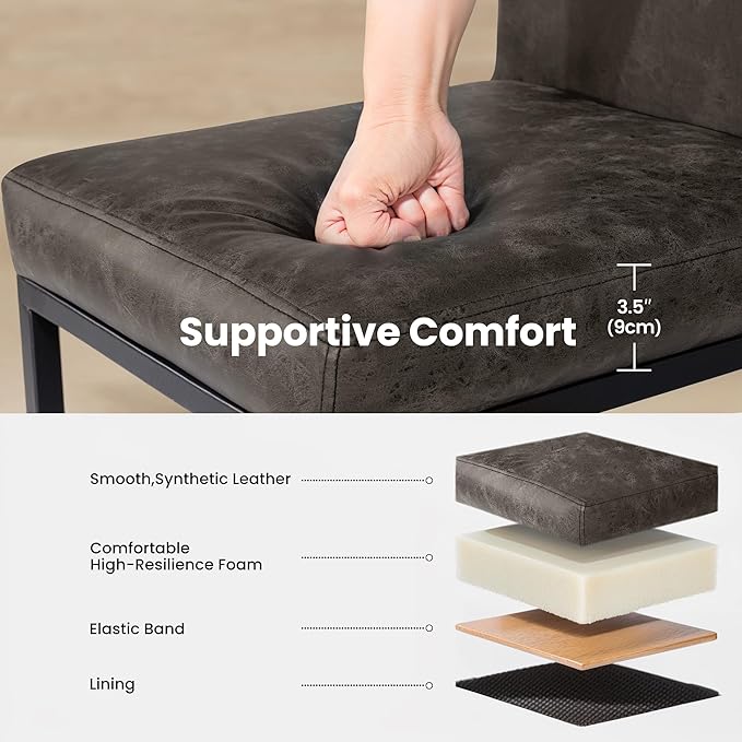 PHI VILLA Dark Grey Bar Stools Set of 6, Counter Height Bar Stool Faux Leather Barstools with Back, 24 inch Kitchen Bar Chairs