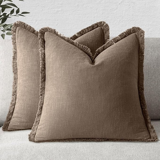 MIULEE Decorative Throw Pillow Covers Neutral Linen Fringe Throw Pillows Euro Shams Set of 2 Cocoa Brown Boho Farmhouse Cushion Covers for Couch Sofa Bed Living Room Spring Home Decor 26x26 Inch