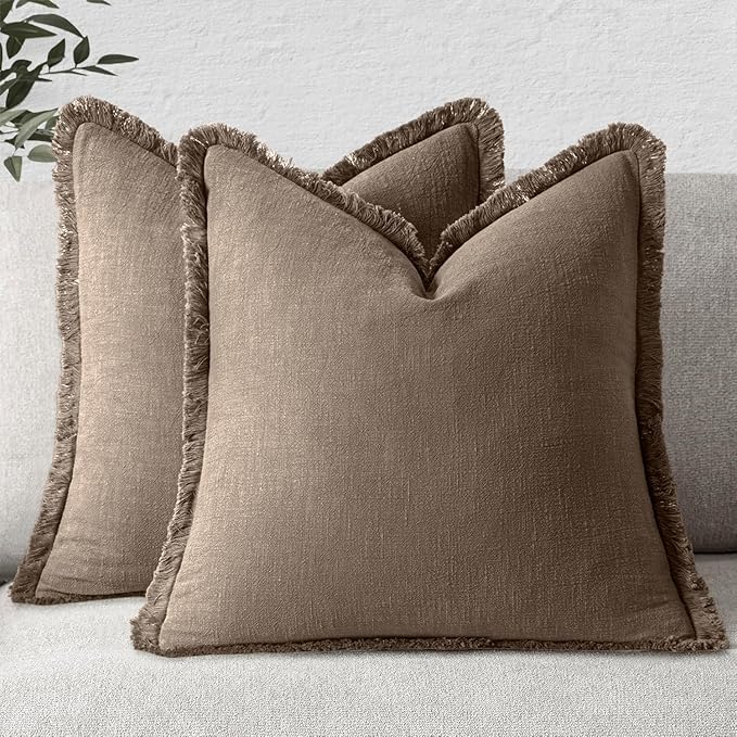 MIULEE Decorative Throw Pillow Covers Neutral Linen Fringe Throw Pillows Euro Shams Set of 2 Cocoa Brown Boho Farmhouse Cushion Covers for Couch Sofa Bed Living Room Spring Home Decor 24x24 Inch