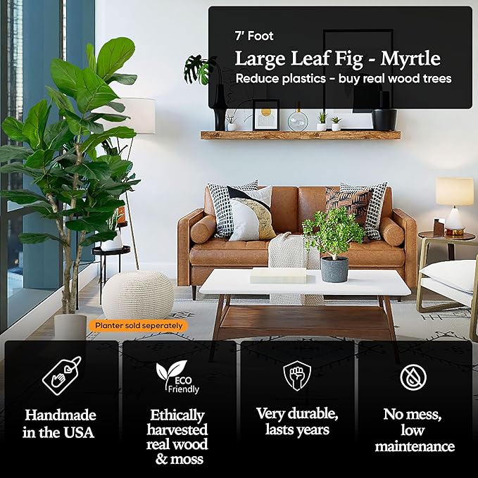 Cypress & Alabaster Handmade 7ft Oversized Fiddle Leaf Fig Ficus Lyrata Artificial Tree with Ethically Sourced Real Wood Trunks, Hypoallergenic, 7-Foot, Green