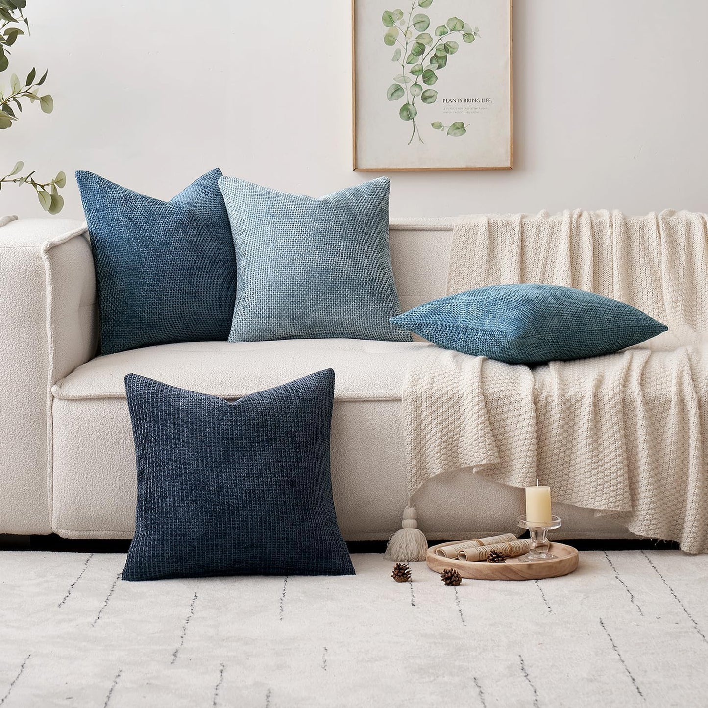 MIULEE Pack of 4 Couch Throw Pillow Covers 22x22 Inch Neutral Blue Soft Decorative Chenille Pillow Covers Farmhouse Accent Cushion Covers for Boho Western Home Coastal Decor Sofa Bedroom Living Room
