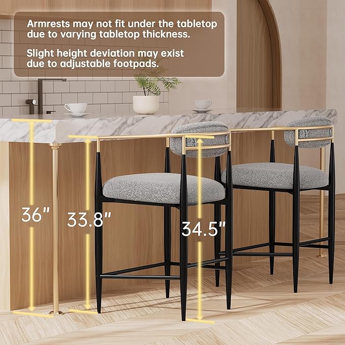 Morden Fort Counter Height Bar Stools Set of 2, Modern Upholstered Counter Stools with Gold Arms and Black Metal Legs, 26" Island Chairs for Kitchen and Home Bar