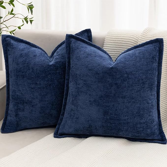 Navy Blue Decorative Throw Pillow Covers 18x18 Inch Set of 2 Cozy Soild Chenille Cushion Cases Soft Textured Square Couch Pillows Cover Boho Accent Farmhouse Pillowcases for Sofa Bed