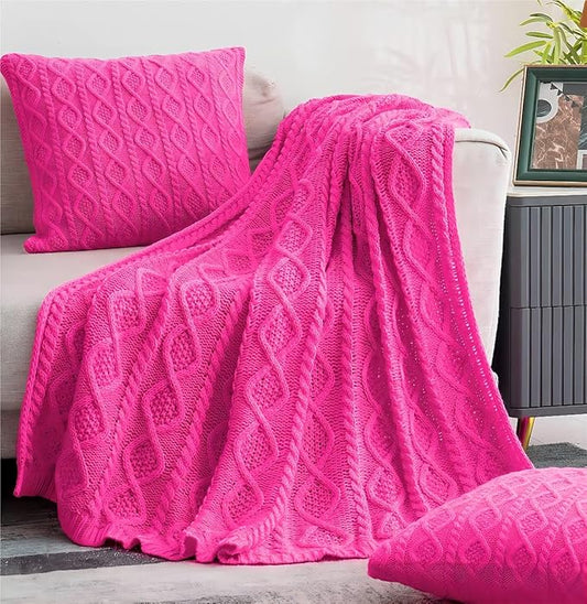 Homiest Hot Pink Cable Knit Throw Blanket 90 x 90 Inch, Queen Lightweight Acrylic Knitted With Diamond Texture, Soft & Cozy Decorative for Couch Bed Sofa