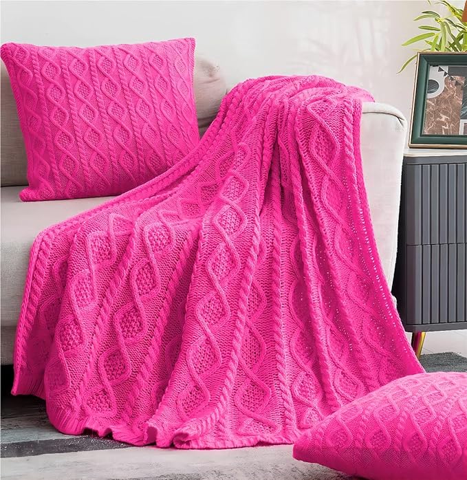 Homiest Hot Pink Cable Knit Throw, 60 x 80 Inch Acrylic Knitted Blanket with Diamond Texture, Soft & Cozy Decorative Blanket for Couch, Bed, Sofa