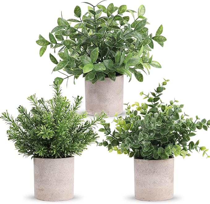 Der Rose 3 Pack Mini Potted Fake Plants Artificial Plastic Eucalyptus Plants Centerpieces for Table Home Office Desk Accessories Farmhouse Room Classroom Decor